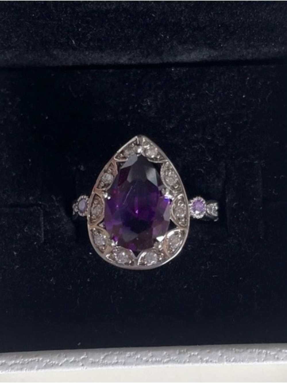 Sterling Silver Pear-Cut Amethyst Halo Ring - Purple